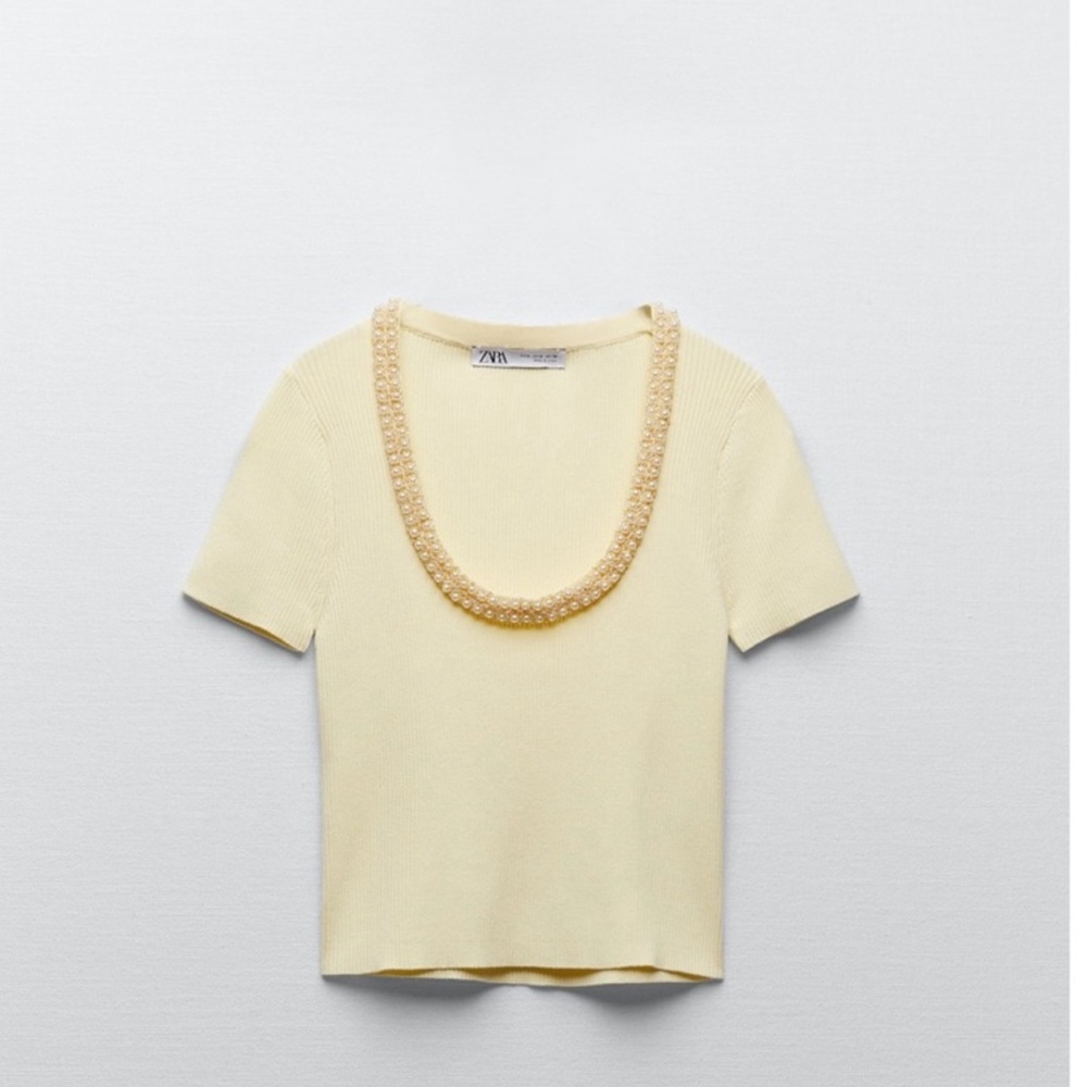 ZARA CROPPED  KNIT SHORT-SLEEVE WITH EMBELLISHED COLLAR (FAUX PEARLS) NWT
